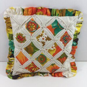 Vintage Quilted Cathedral Window Sofa Pillow Orange Teal White Floral Ruffle 13"
